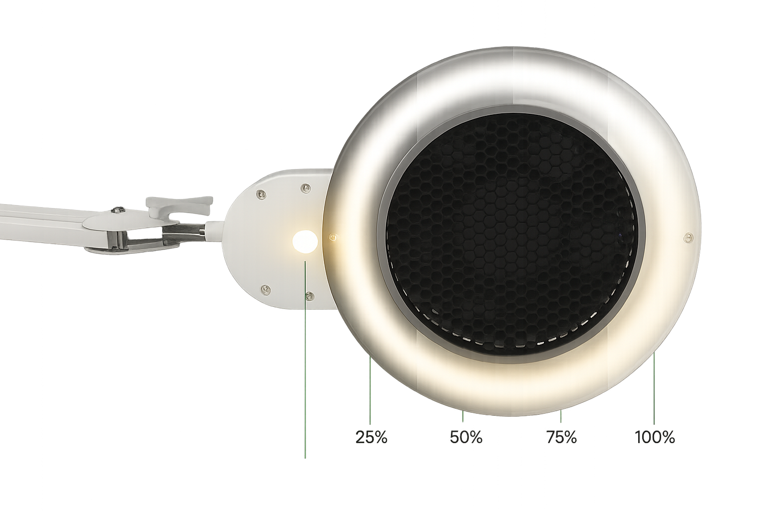 Close-up of the AURA nail dust extractor showing LED ring and airflow vent